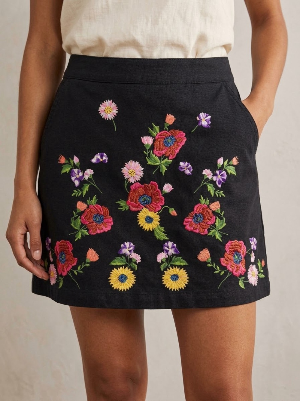 Topshop Black Mini Skirt with Bright Floral Embroidery